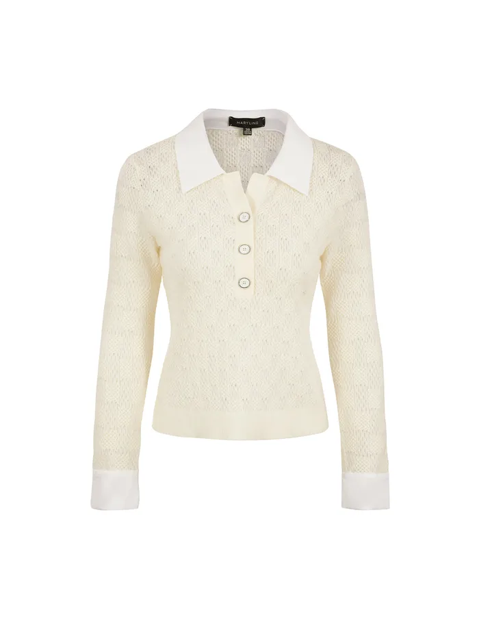 MARYLING Knitwear ShirtCollar Patchwork Knitted Top Cream 8211 Women MARYLING Knitwear ShirtCollar Patchwork Knitted Top Cream 8211 Women