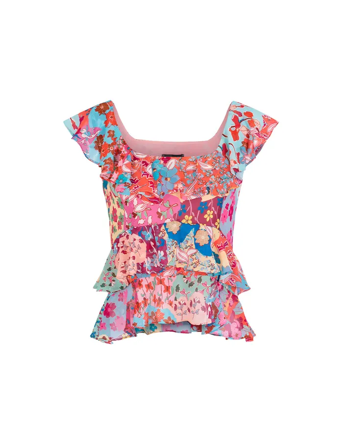 MARYLING Knitwear Square Neck Ruffled Printed Top Pink Flower 8211 Women MARYLING Knitwear Square Neck Ruffled Printed Top Pink Flower 8211 Women