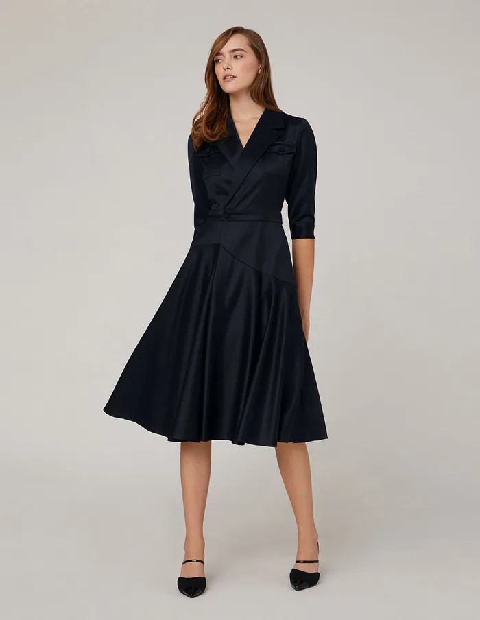 MARYLING Offce Dress Notch Lapel Asymmetrical Flared Dress Blue 8211 Women