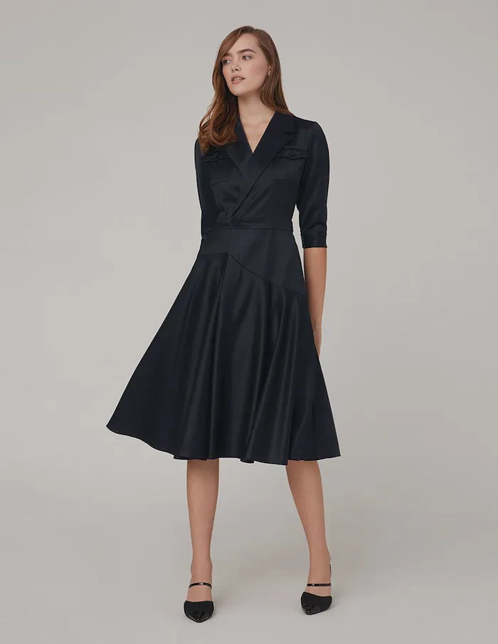 MARYLING Offce Dress Notch Lapel Asymmetrical Flared Dress Blue 8211 Women