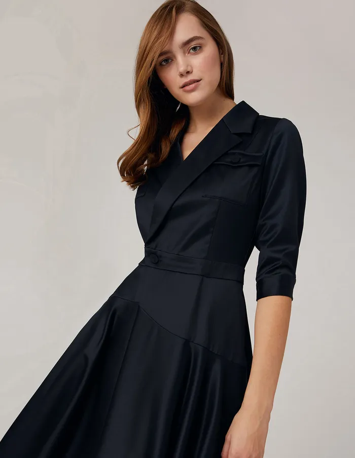 MARYLING Offce Dress Notch Lapel Asymmetrical Flared Dress Blue 8211 Women