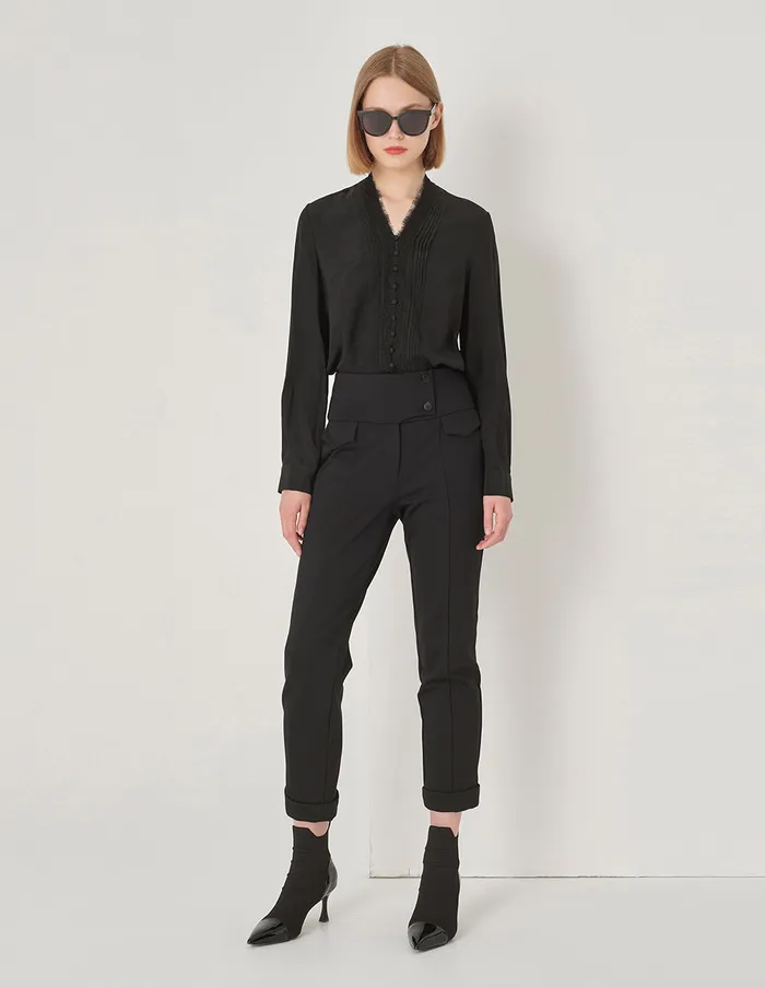 MARYLING Pants and Shorts Black WideWaisted Decorative Slim Fit Stretch Pants Black 8211 Women MARYLING Pants and Shorts Black WideWaisted Decorative Slim Fit Stretch Pants Black 8211 Women