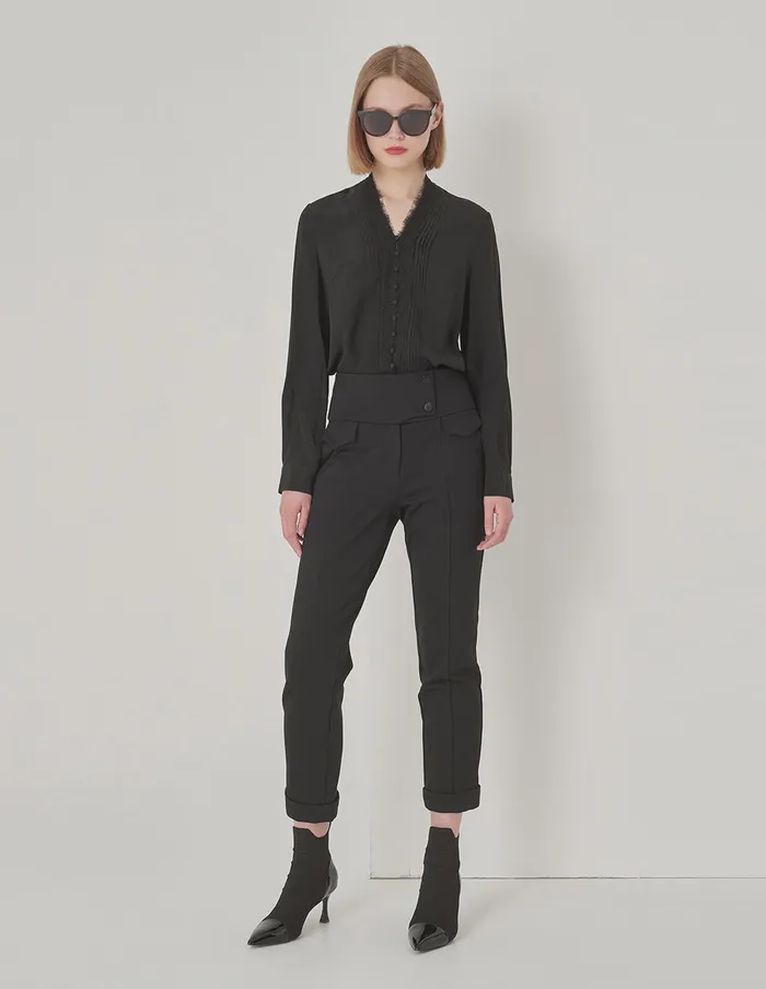 MARYLING Pants and Shorts Black WideWaisted Decorative Slim Fit Stretch Pants Black 8211 Women MARYLING Pants and Shorts Black WideWaisted Decorative Slim Fit Stretch Pants Black 8211 Women