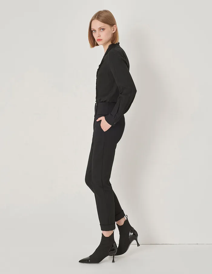 MARYLING Pants and Shorts Black WideWaisted Decorative Slim Fit Stretch Pants Black 8211 Women MARYLING Pants and Shorts Black WideWaisted Decorative Slim Fit Stretch Pants Black 8211 Women