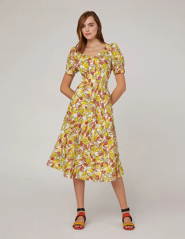 MARYLING Printed Dress Deep V Neck High Waist Puff Sleeves Dress Mix 8211 Women