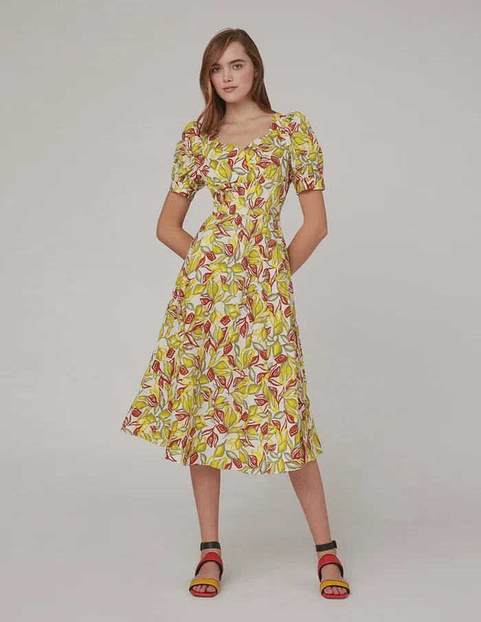 MARYLING Printed Dress Deep V Neck High Waist Puff Sleeves Dress Mix 8211 Women MARYLING Printed Dress Deep V Neck High Waist Puff Sleeves Dress Mix 8211 Women