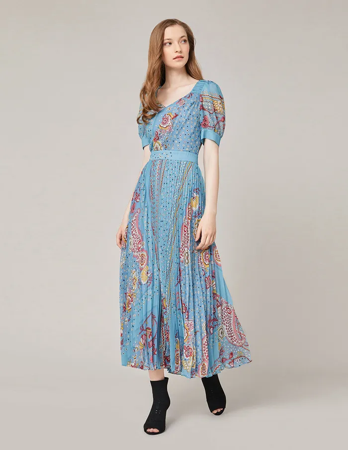 MARYLING Printed Dress Georgette Print Short Sleeve Pleated Dress Light Sky Blue 8211 Women MARYLING Printed Dress Georgette Print Short Sleeve Pleated Dress Light Sky Blue 8211 Women