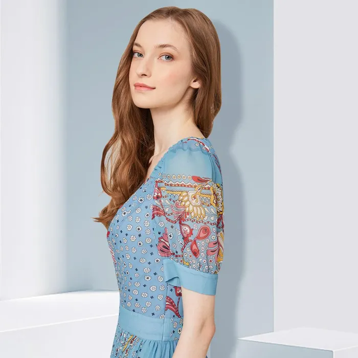 MARYLING Printed Dress Georgette Print Short Sleeve Pleated Dress Light Sky Blue 8211 Women MARYLING Printed Dress Georgette Print Short Sleeve Pleated Dress Light Sky Blue 8211 Women