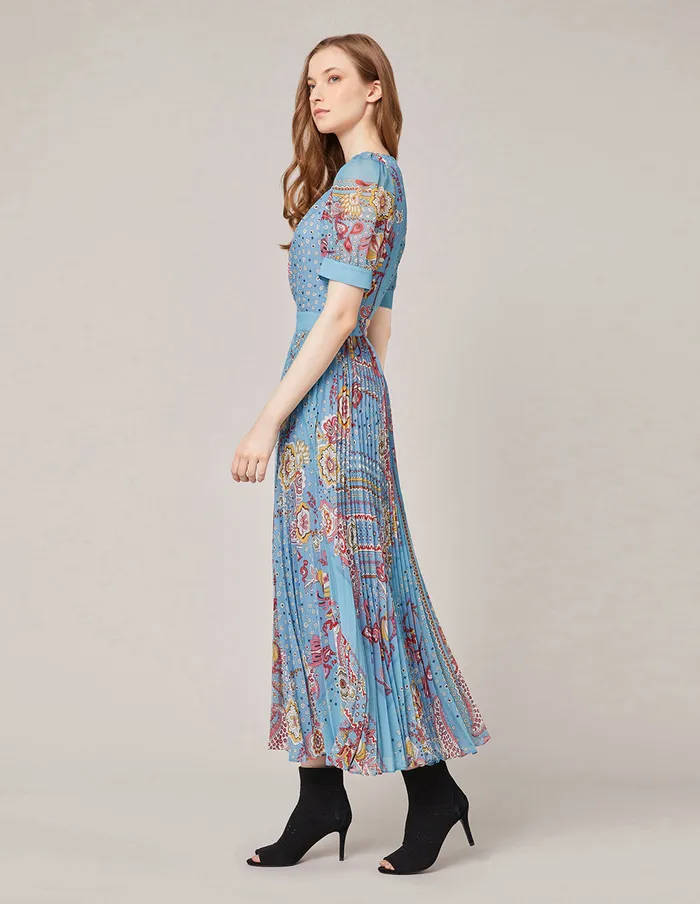 MARYLING Printed Dress Georgette Print Short Sleeve Pleated Dress Light Sky Blue 8211 Women MARYLING Printed Dress Georgette Print Short Sleeve Pleated Dress Light Sky Blue 8211 Women