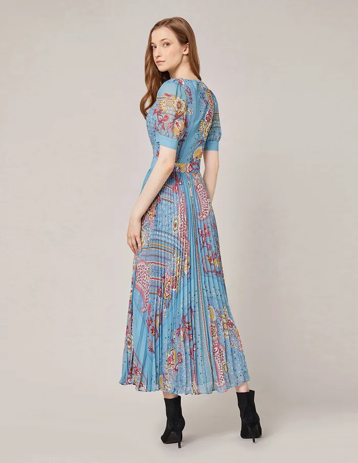 MARYLING Printed Dress Georgette Print Short Sleeve Pleated Dress Light Sky Blue 8211 Women MARYLING Printed Dress Georgette Print Short Sleeve Pleated Dress Light Sky Blue 8211 Women