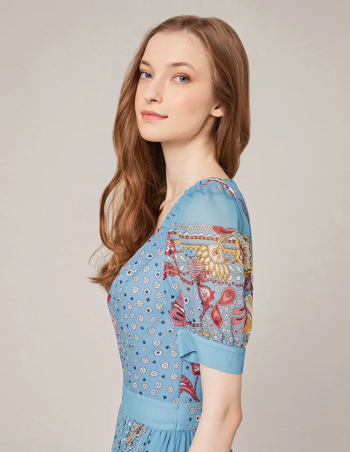 MARYLING Printed Dress Georgette Print Short Sleeve Pleated Dress Light Sky Blue 8211 Women MARYLING Printed Dress Georgette Print Short Sleeve Pleated Dress Light Sky Blue 8211 Women
