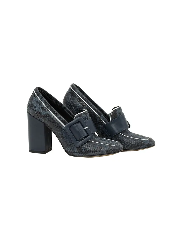 MARYLING Shoes Snake Print Leather Buckle High Heel Loafers Dark Blue 8211 Women