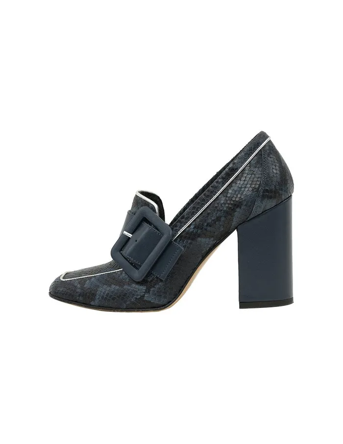 MARYLING Shoes Snake Print Leather Buckle High Heel Loafers Dark Blue 8211 Women MARYLING Shoes Snake Print Leather Buckle High Heel Loafers Dark Blue 8211 Women