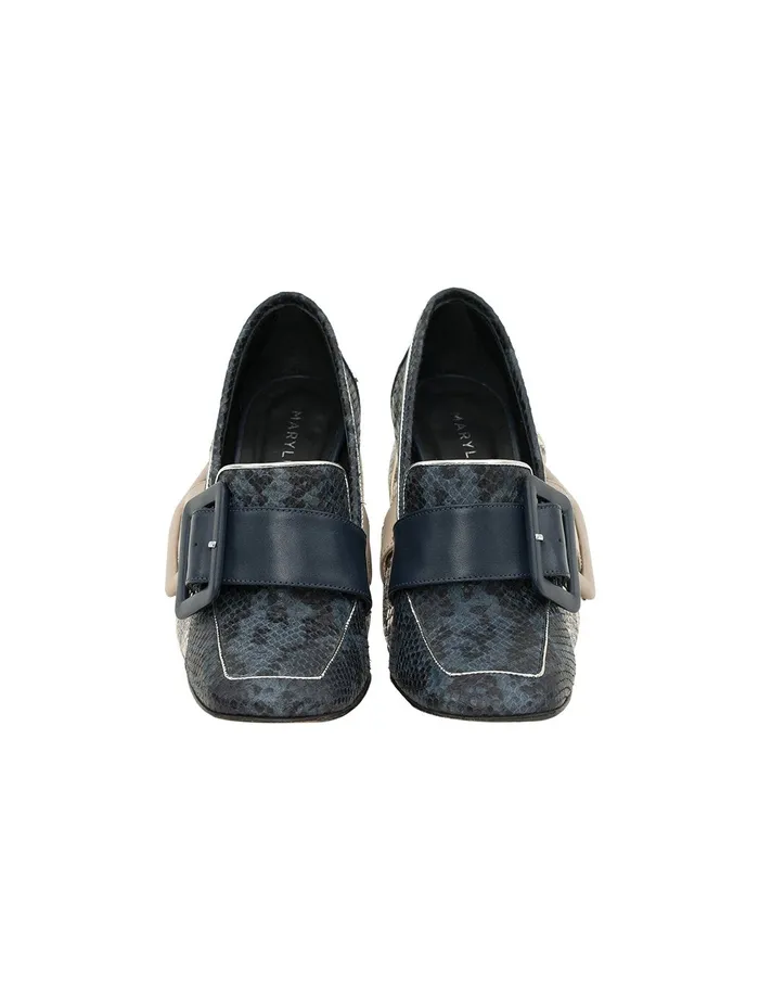 MARYLING Shoes Snake Print Leather Buckle High Heel Loafers Dark Blue 8211 Women MARYLING Shoes Snake Print Leather Buckle High Heel Loafers Dark Blue 8211 Women