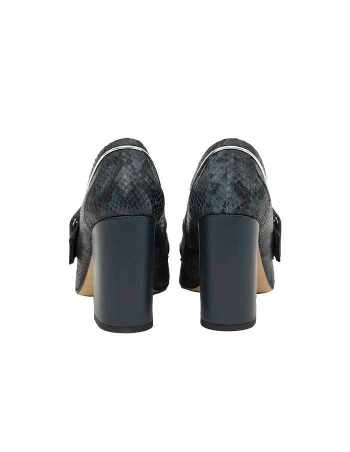 MARYLING Shoes Snake Print Leather Buckle High Heel Loafers Dark Blue 8211 Women MARYLING Shoes Snake Print Leather Buckle High Heel Loafers Dark Blue 8211 Women