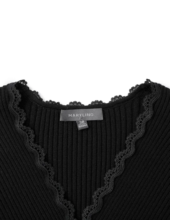 MARYLING Skirts Crossover VNeck Paneled LaceTrimmed Knitted Pullover Black 8211 Women MARYLING Skirts Crossover VNeck Paneled LaceTrimmed Knitted Pullover Black 8211 Women