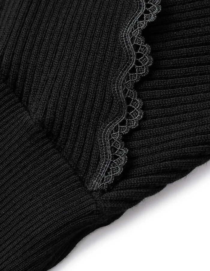 MARYLING Skirts Crossover VNeck Paneled LaceTrimmed Knitted Pullover Black 8211 Women MARYLING Skirts Crossover VNeck Paneled LaceTrimmed Knitted Pullover Black 8211 Women