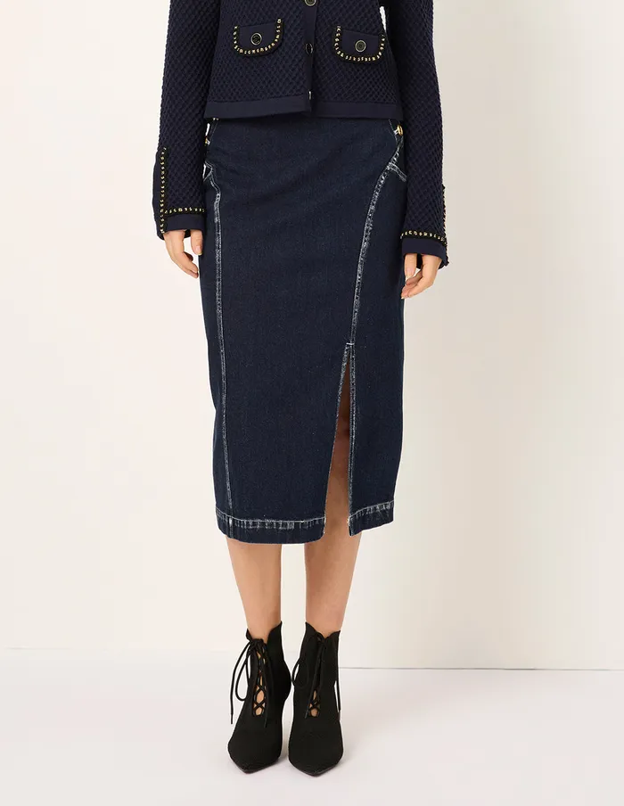 MARYLING Skirts White Trim Slit KneeLength Denim Skirt Denim 8211 Women