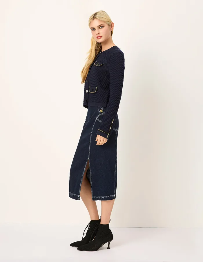 MARYLING Skirts White Trim Slit KneeLength Denim Skirt Denim 8211 Women