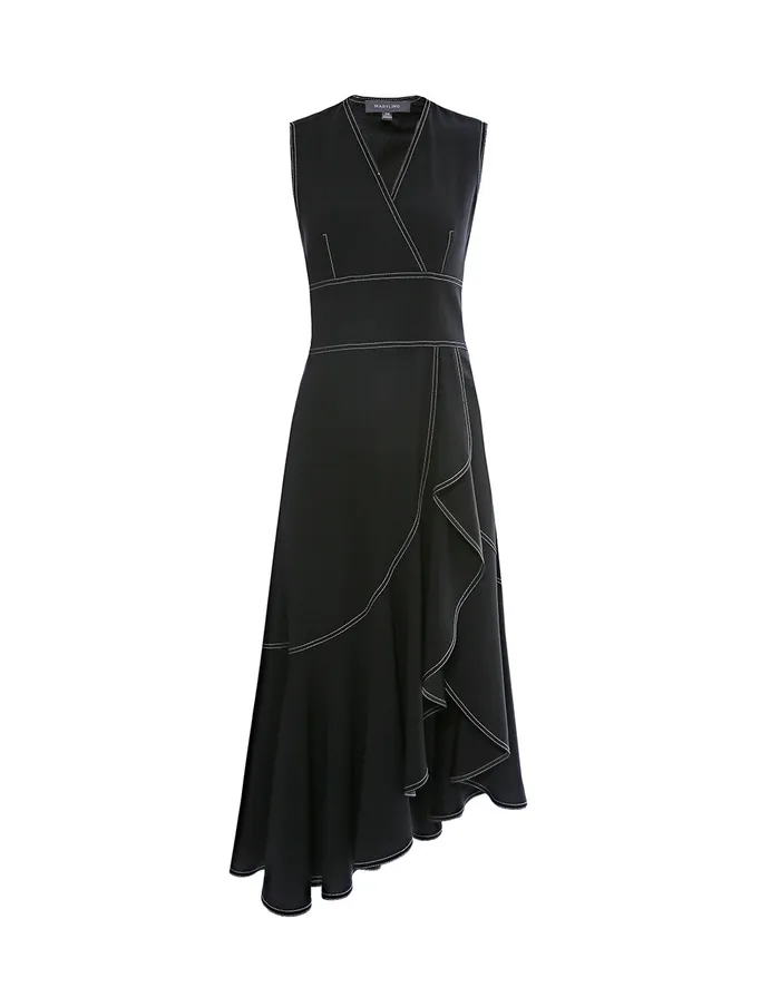 MARYLING Slip Dress VNECK SLEEVELESS ASYMMETRICAL RUFFLE DRESS Black 8211 Women MARYLING Slip Dress VNECK SLEEVELESS ASYMMETRICAL RUFFLE DRESS Black 8211 Women