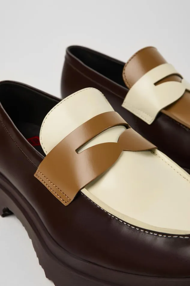 Men Camper Formal Shoes Twins Brown And White Leather Loafers