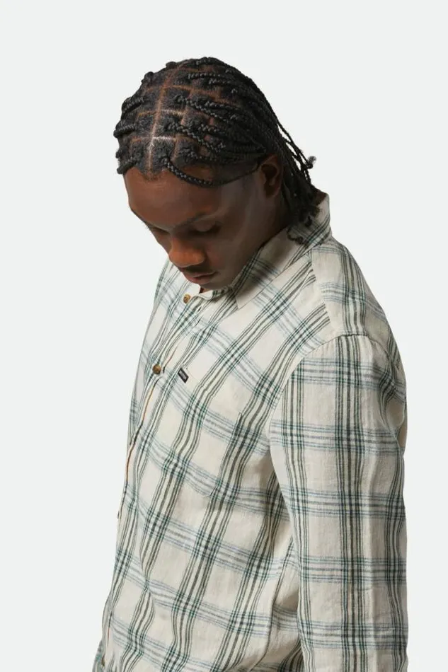 Men Charter Linen Blend LS Shirt Off Whiteivy Green Plaid Brixton Button Ups