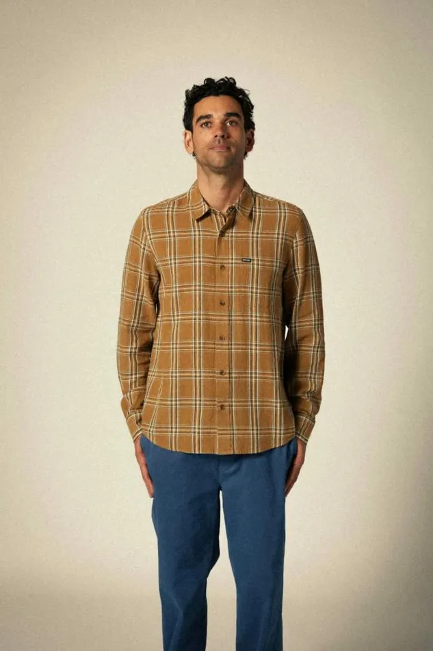 Men Charter Linen Blend LS Shirt Washed Copperwhitecap Plaid Brixton Button Ups