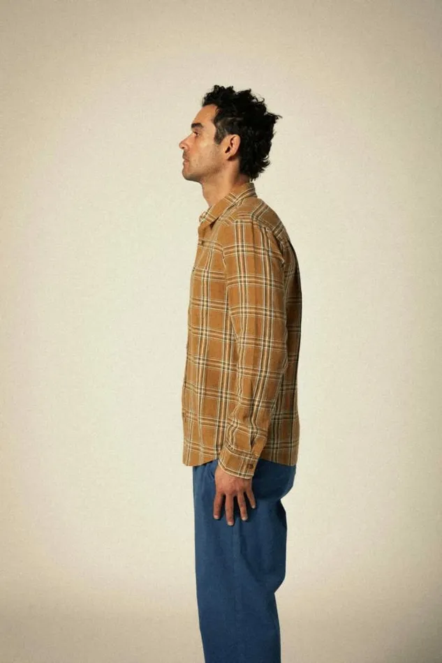 Men Charter Linen Blend LS Shirt Washed Copperwhitecap Plaid Brixton Button Ups
