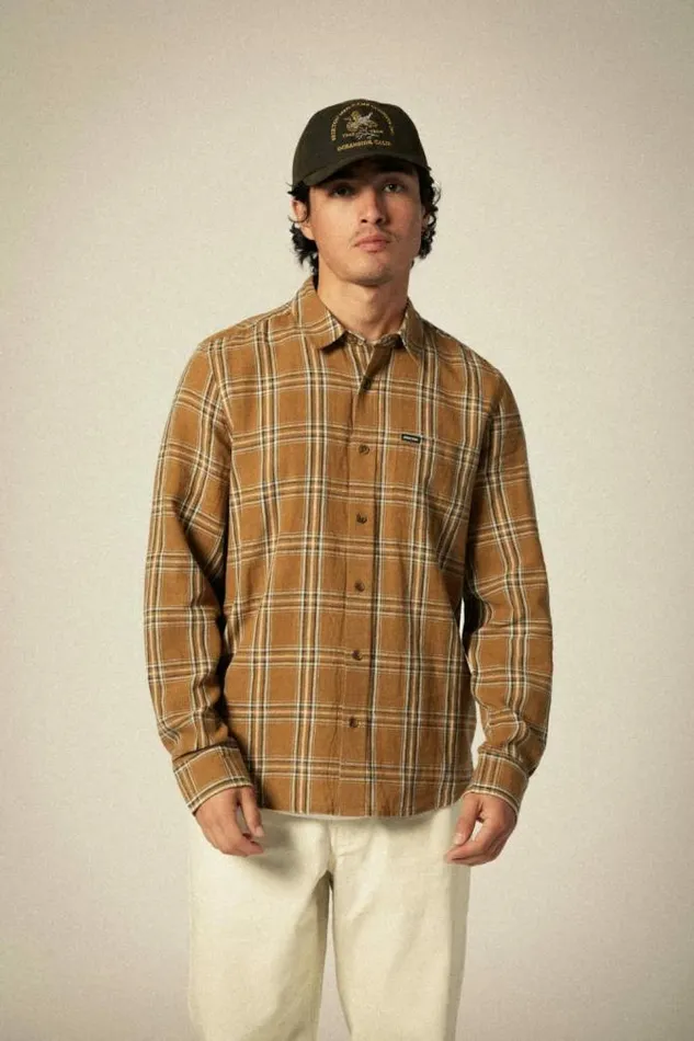 Men Charter Linen Blend LS Shirt Washed Copperwhitecap Plaid Brixton Button Ups