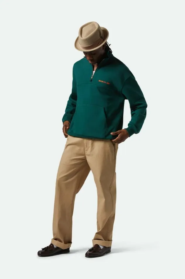 Men Embroidered Heavyweight Oversized Half Zip Deep Emerald Brixton Sweatshirts and Hoodies
