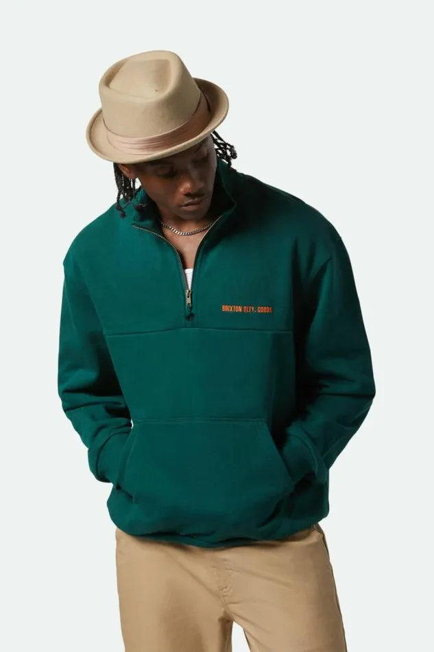 Men Embroidered Heavyweight Oversized Half Zip Deep Emerald Brixton Sweatshirts and Hoodies
