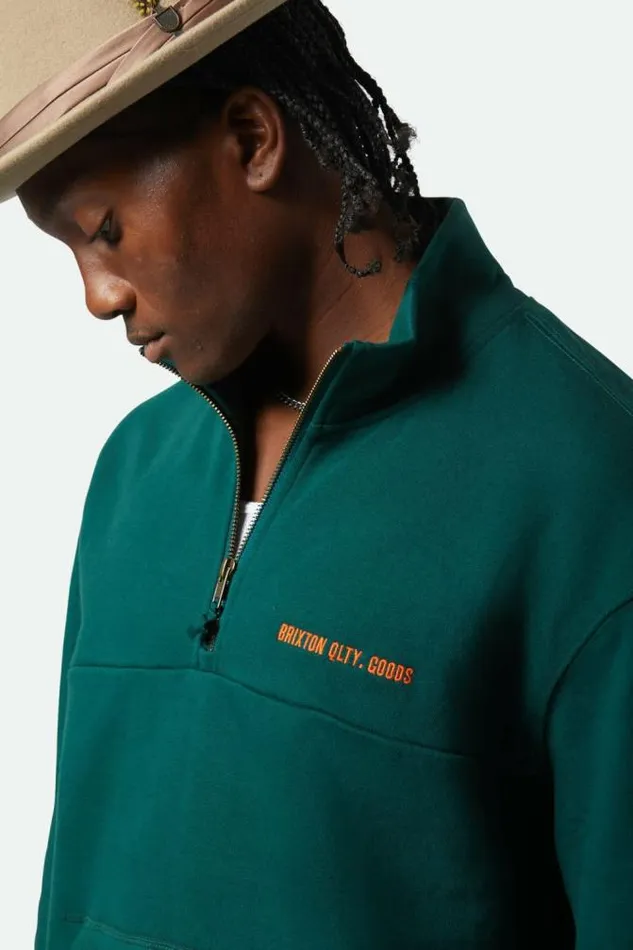 Men Embroidered Heavyweight Oversized Half Zip Deep Emerald Brixton Sweatshirts and Hoodies