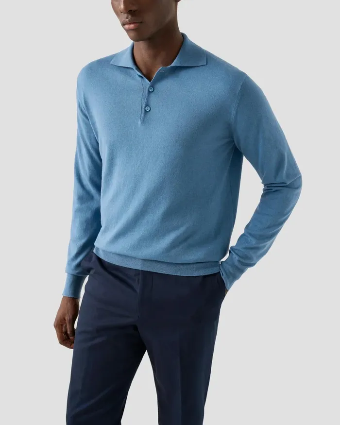 Men Knit Polo Shirt Blue Eton Knitwear