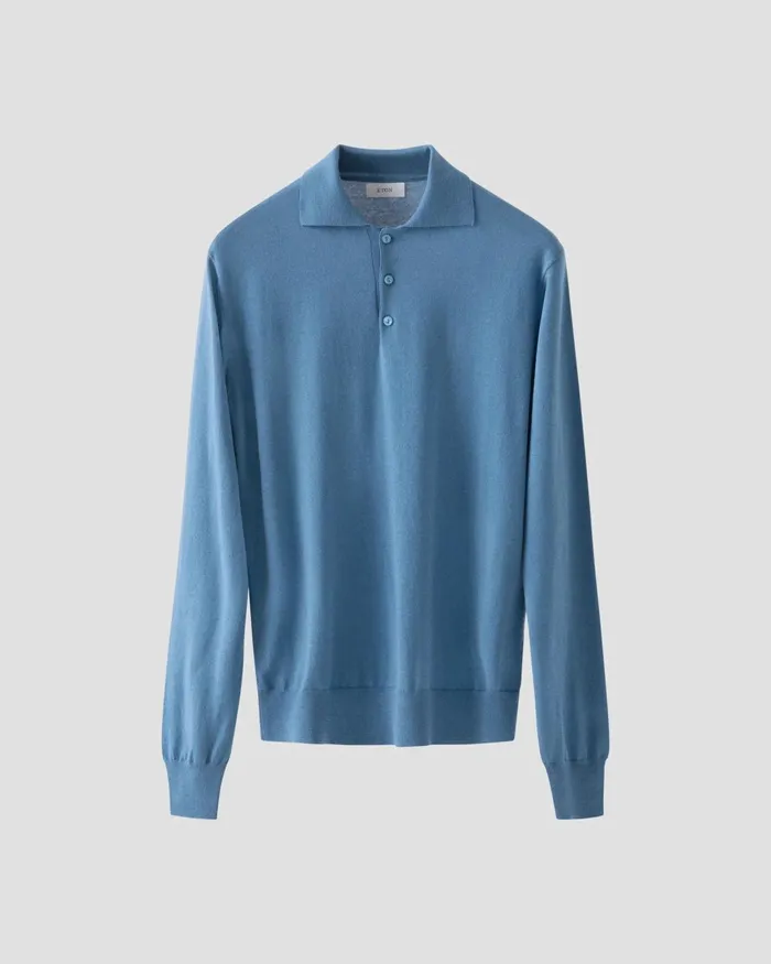 Men Knit Polo Shirt Blue Eton Knitwear Men Knit Polo Shirt Blue Eton Knitwear