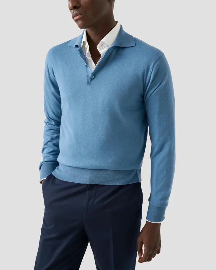 Men Knit Polo Shirt Blue Eton Knitwear Men Knit Polo Shirt Blue Eton Knitwear