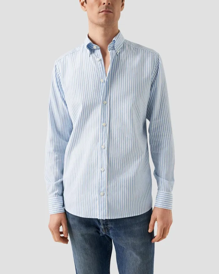 Men Light Blue Striped Royal Oxford Shirt Blue Eton Casual Shirts