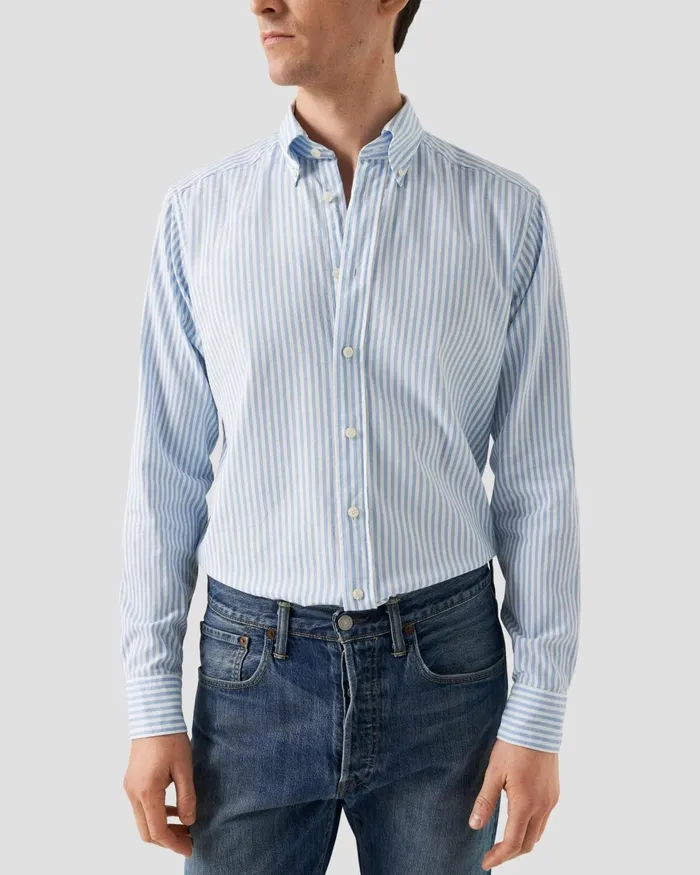 Men Light Blue Striped Royal Oxford Shirt Blue Eton Casual Shirts