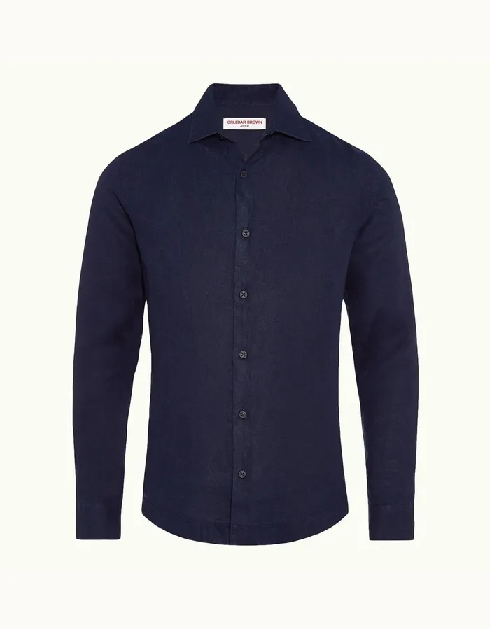 Men Orlebar Brown Shirts Giles Linen Navy