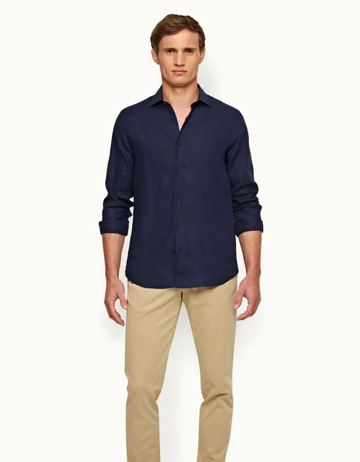 Men Orlebar Brown Shirts Giles Linen Navy