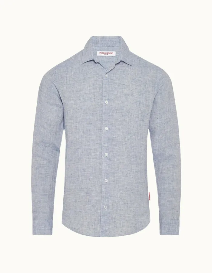 Men Orlebar Brown Shirts Giles Linen Navywhite