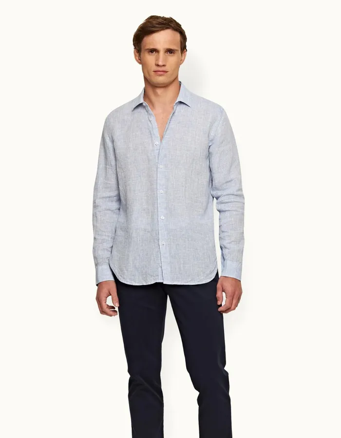 Men Orlebar Brown Shirts Giles Linen Navywhite