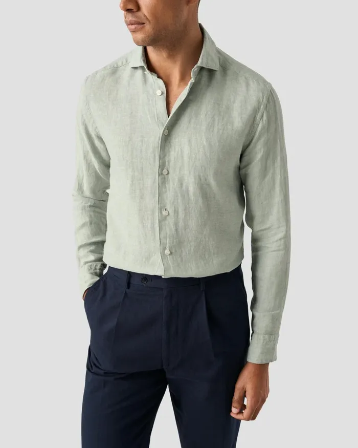Men Solid Twill Linen Shirt Green Eton Casual Shirts