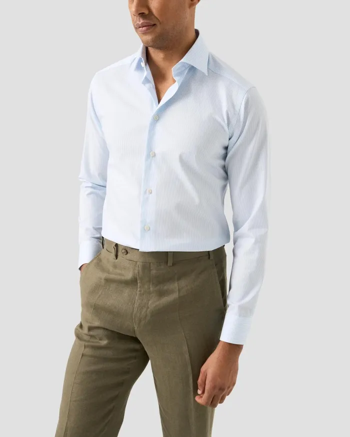 Men Striped Cotton TENCEL Lyocell Shirt Blue Eton Dress Shirts