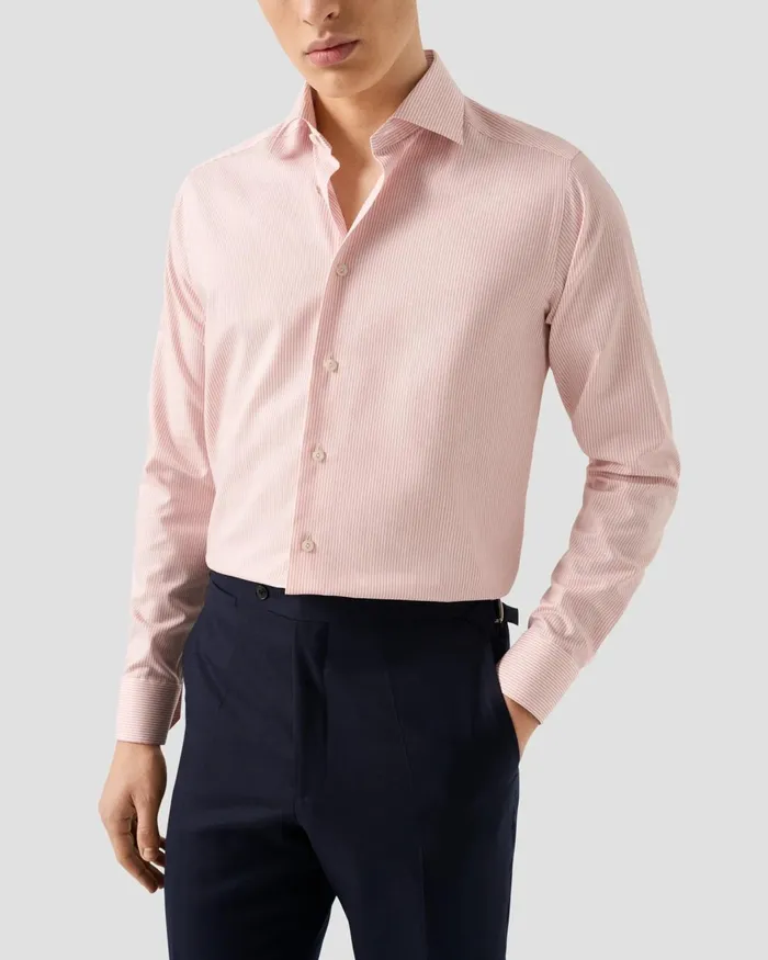 Men Striped Cotton TENCEL Lyocell Shirt Pink Eton Dress Shirts