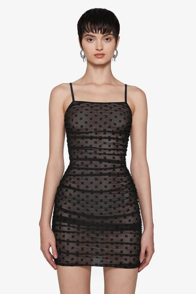 Mesh Monogram Draped Mini Dress Black Women MISBHV Dresses