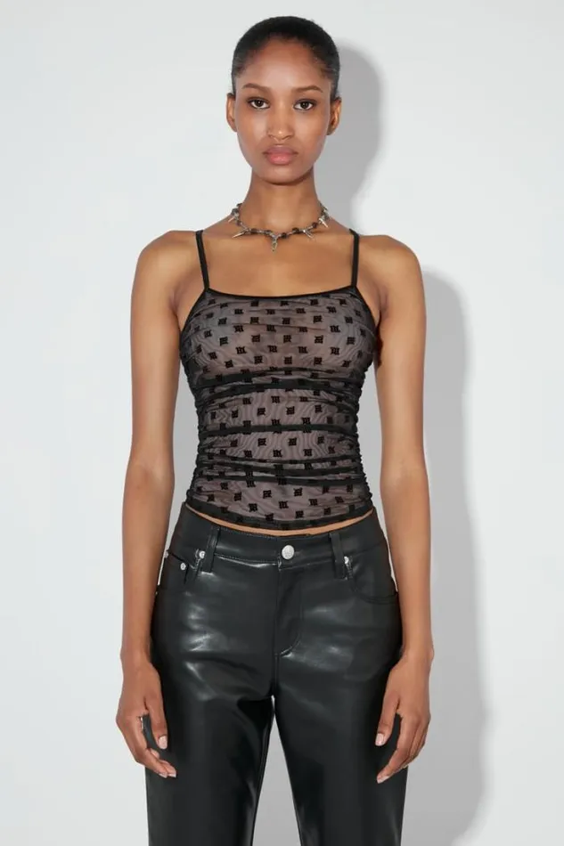 Mesh Monogram Draped Top Black Women MISBHV Tops