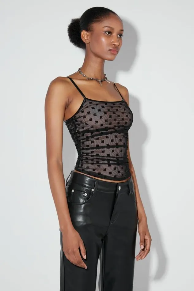 Mesh Monogram Draped Top Black Women MISBHV Tops