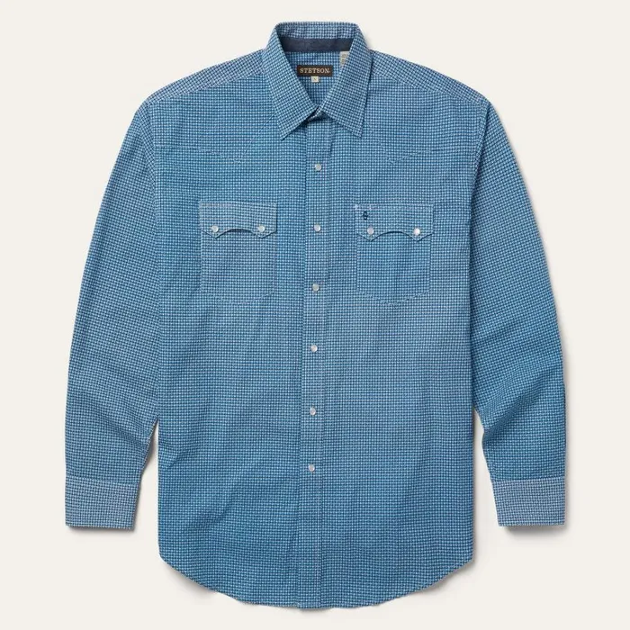 Micro Print Western Shirt Blue Men Stetson Classic Cut