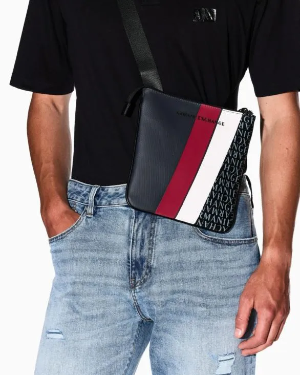 Monogram And Stripe Flat Shoulder Bag Grey Men Armani Crossbody Bags Monogram And Stripe Flat Shoulder Bag Grey Men Armani Crossbody Bags