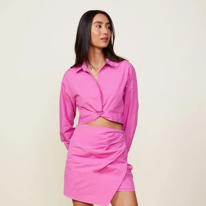 MONROW LONG SLEEVE Poplin Front Twist Shirt Violet Pink 8211 Shop
